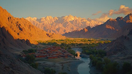 Valley village, mountains at sunrise.