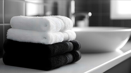 black and white towels in a bathroom