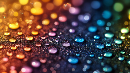  A close-up macro photograph showcasing a multitude of vibrant water droplets on a dark, possibly metallic, surface. The droplets display a rainbow-like iridescence due to light refraction.
