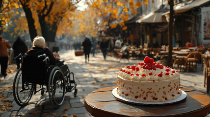 One image features a wheelchair, highlighting accessibility and inclusivity. Another showcases a delicious, decorated cake.
