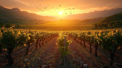 Fototapeta premium Golden Hour Vineyard: A Serene Sunset over Rolling Hills