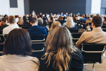 Fototapeta premium Audience at the modern conference hall listens to panel discussion, people on a congress event together listen to speaker on stage at convention, business seminar, large venue for forum presentation