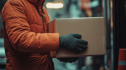 A person in an orange jacket and gloves carrying a cardboard package on a snowy winter street, representing delivery, logistics, and the efficiency of modern urban services.