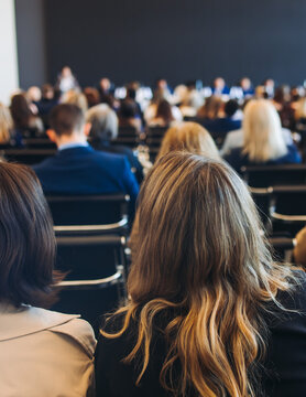 Audience at the modern conference hall listens to panel discussion, people on a congress event together listen to speaker on stage at convention, business seminar, large venue for forum presentation