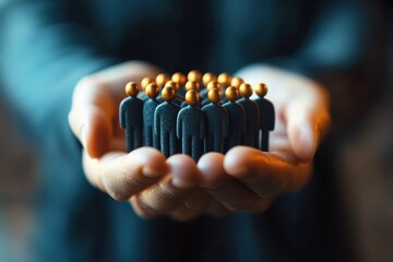 Nurturing Potential:  A pair of hands gently cradles a group of miniature figures, each with a golden head symbolizing the promise and potential within every individual.