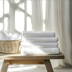 Product photography featuring a table The color scheme includes light white with three flat towels in a basket next to the table Feeling of safety for children and all