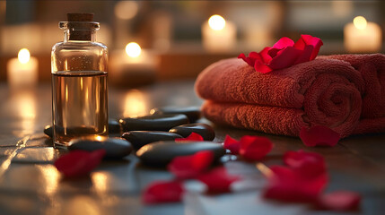 cover photo for massage spa oils towels stones rose petals