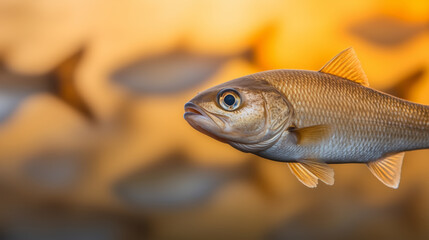 Fototapeta premium Close-up of a fish swimming in warm golden water with a blurred background of other fish silhouettes