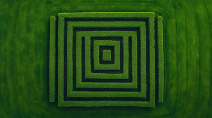 Aerial view of a perfectly shaped green hedge maze in a geometric square pattern surrounded by grass