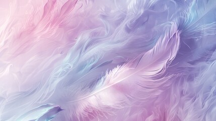 A dreamy pastel abstract with lilac, pink, and blue feathers flowing in soft, cloud-like patterns, creating a serene and soothing atmosphere.