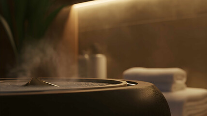 Cinematic adverting 2024 of a closeup of a sleek modern humidifier in a warm clean spa environment The humidifier emits a gentle soothing mist blending with the soft a