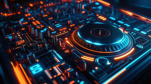 A dynamic close-up of a DJ turntable glowing under neon pink and blue lights, vividly capturing the electrifying energy and vibrant ambiance of a nightclub music scene.