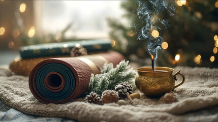 A stilllife composition of meditation essentials arranged on a soft rustic fabric Items include a rolled colored yoga mat a small brass incense holder with gentle smok