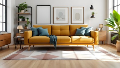 Fototapeta premium an ultra-realistic scene of a family living room with a mid-century modern sofa. The sofa should feature clean lines and wooden legs, with cushions in a muted mustard or teal color. Arrange the sofa 