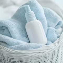 A closeup view of a white basket filled with clean towels and a soft skyblue fabric with a single white semitransparent baby lotion bottle with a skyblue cap prominent
