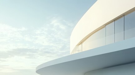 Fototapeta premium Modern architecture, curved white building exterior with large windows against a pale sky.