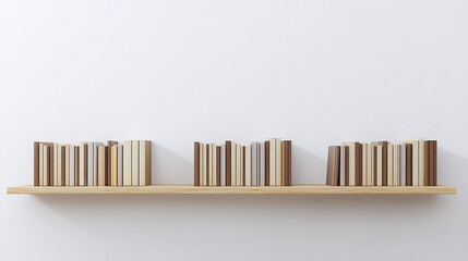 Minimalist wooden bookshelf with a collection of neutral-colored books neatly arranged against a plain white wall, emphasizing simplicity and modern interior design.