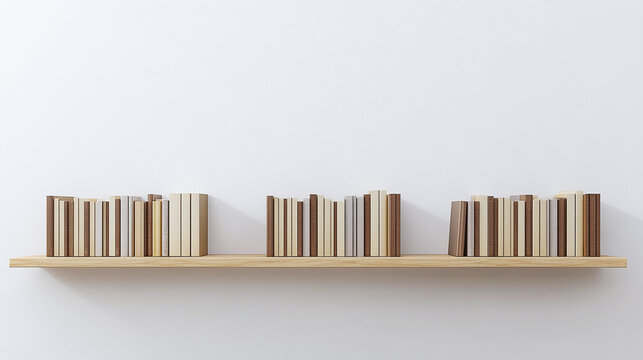 Minimalist wooden bookshelf with a collection of neutral-colored books neatly arranged against a plain white wall, emphasizing simplicity and modern interior design.