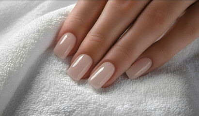 A beautiful womans hand with wellgroomed nails holding a white towel closeup showcasing a perfect manicure with a light pink nail polish color This image captures the