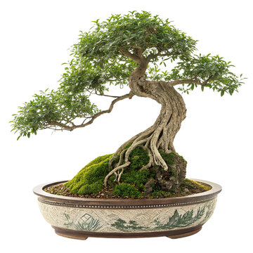 Miniature bonsai tree realistic potted plant decor clipart illustration