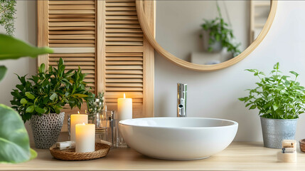 There are wooden shutters behind the bathroom sink candles and plants on the counter and a mirror hanging above This is a modern bathroom interior design Bright style.