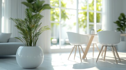 Fototapeta premium White room with plant and dining area.
