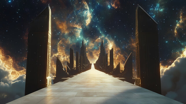 A celestial bridge leading to the domain of the gods, stretching through stars and nebulae, with towering structures and gates at the horizon. Celestial Bridge. Illustration