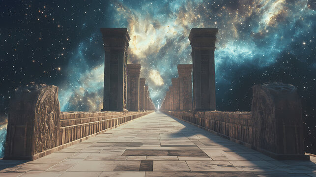 A celestial bridge leading to the domain of the gods, stretching through stars and nebulae, with towering structures and gates at the horizon. Celestial Bridge. Illustration