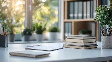 Modern minimalist office desk with books notepad and natural light in a blurred serene study room