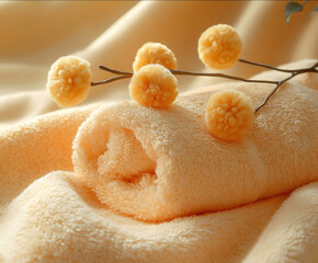 A closeup of two soft plush orange towels with yellow fluffy balls on top set against an elegant beige background The focus is placed in the center where one towel has
