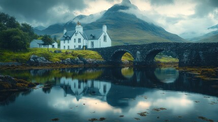 White house by a stone bridge reflected in a calm lake with mountains.