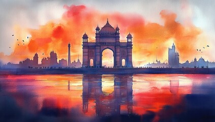 Obraz premium Vibrant Watercolor Painting of Gateway of India at Sunset