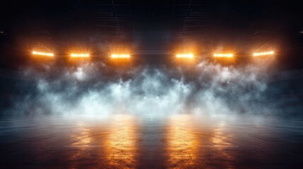 Fototapeta premium Bright Spotlights and Swirling Fog in a Dramatic Sports Arena