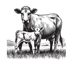 Cow and calf line art illustration
