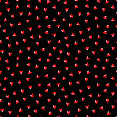 Seamless pattern of red watercolor hearts on black background. Digital artwork for Valentines Day celebration. Romantic design for wallpaper, textile, wrapping paper, and greeting cards