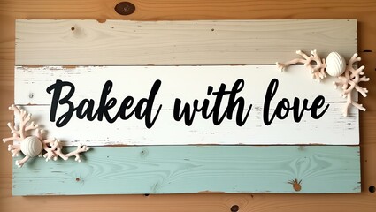 baked with love is displayed in black minimalist lettering across separate distressed wood planks in beach-inspired tones