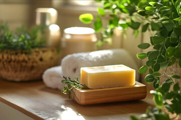 A cozy bathroom setting with a natural soap bar on a wooden soap dish surrounded by green plants and a soft towel conveying a sense of luxury and care perfect lighting