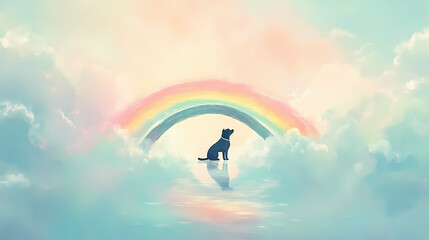A pastel-colored rainbow bridge arches over soft clouds with a dog waiting lovingly at the end on rainbow bridge remembrance day. Celestial Bridge. Illustration