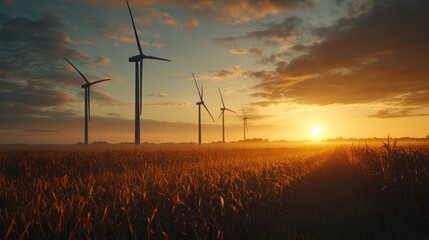 Obraz premium Wind turbines in cornfield at sunrise.