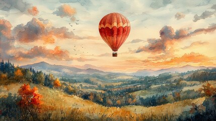 Fototapeta premium Whimsical watercolor landscape a hot air balloon ride over a scenic valley