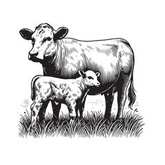 Cow and calf line art illustration