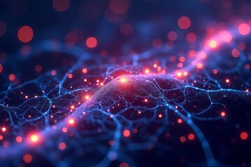 An abstract representation of interconnected lines and glowing particles, resembling a neural network or cosmic landscape in vibrant colors.