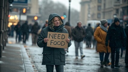 Fototapeta premium A person stands in a busy urban street, holding a sign that reads 