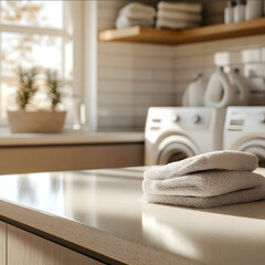 A cozy and organized home laundry room featuring a smooth clean countertop in the foreground illuminated by soft warm morning light streaming through a nearby window I