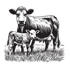 Cow and calf line art illustration