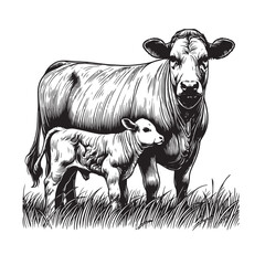 Cow and calf line art illustration