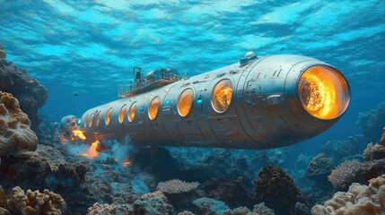 Underwater Exploration: Futuristic Submarine Amidst Vibrant Coral Reef