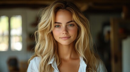 Fototapeta premium Blonde woman portrait, indoor, sunlit room, casual