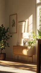 Sunlit room interior with plants, wooden sideboard, and artwork.