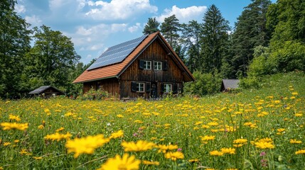 Fototapeta premium Wooden house with solar panels in a field of yellow flowers.
